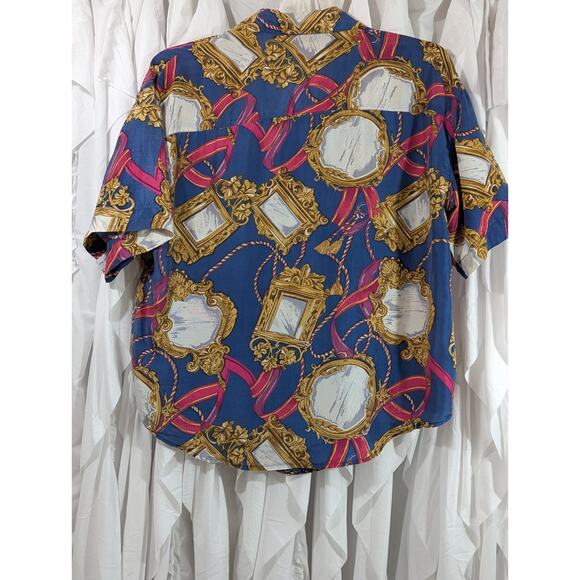 Notations Medium Silk Button Up Blue w/Gold Rope & Frames, Pink Ribbon VTG 80's - Picture 5 of 9
